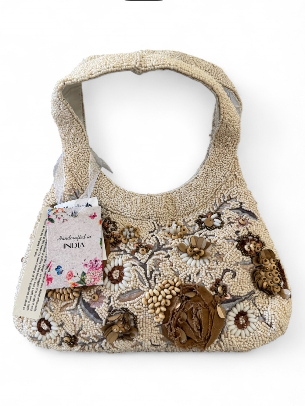 Made in India Beige Beaded Floral Shoulder Bag